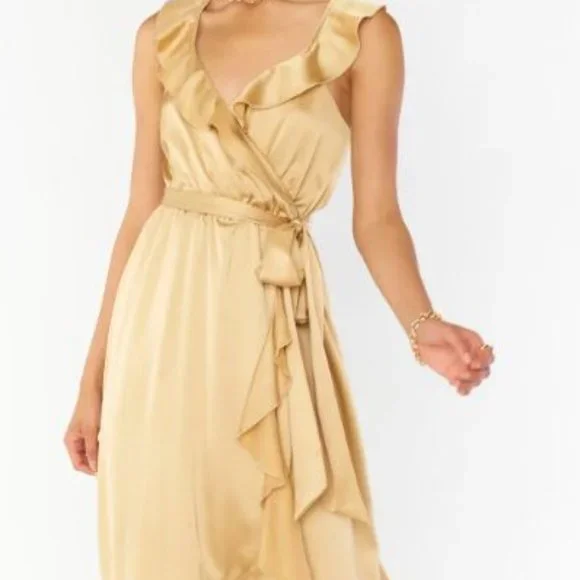 Samantha Ruffle Wrap Dress ~ True Gold Luxe Satin L Samantha Ruffle Wrap Dress ~ True Gold Luxe Satin L